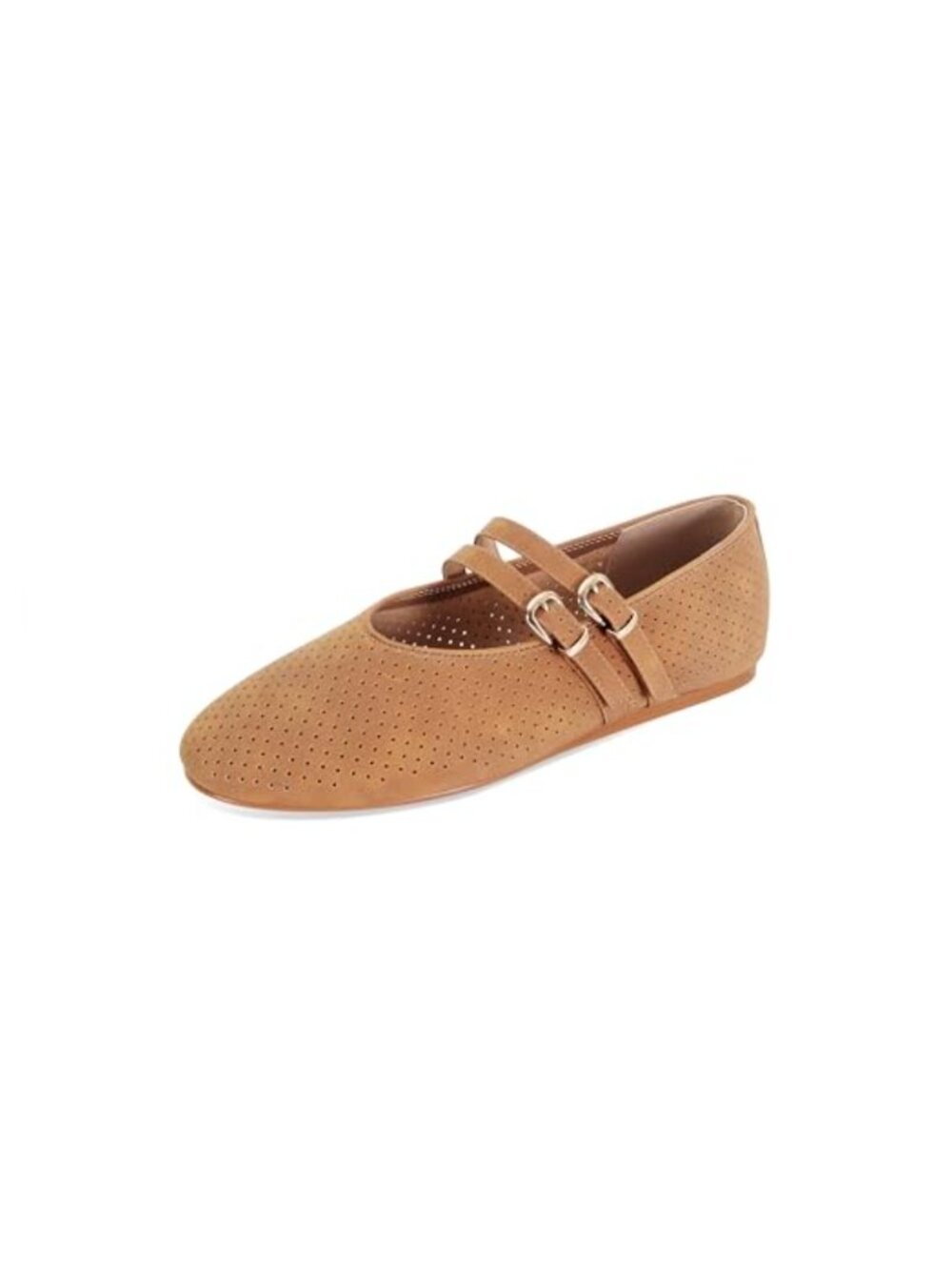 Suede Mary Jane Flats Perforated Round Toe Double Buckle Ballet Shoes